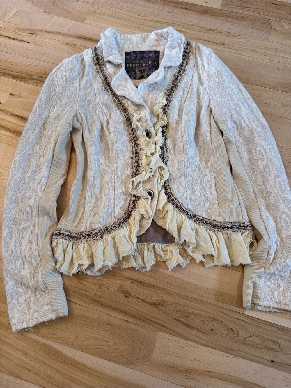 Free People Boho Romantic Cream-Ruffled Embroidered Blazer Jacket-Vintage-4